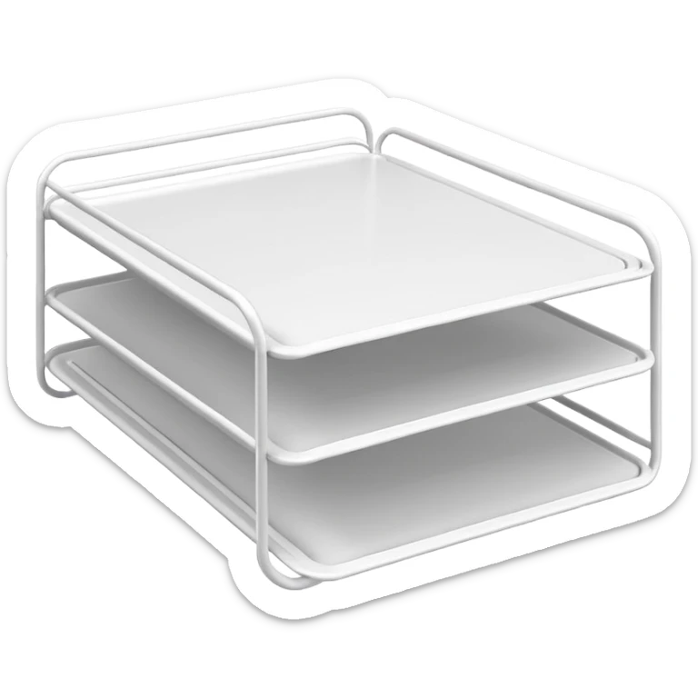 A minimal, clean emoji-style illustration of a white metal desk paper organizer tray, shown in slight isometric view so its structure is readable at a small scale. The organizer is rectangular with rounded corners, made of thin white metal wires, forming two to three stacked horizontal slots. sticker