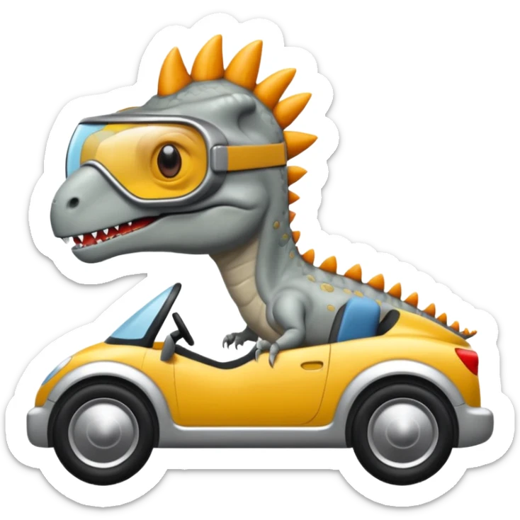 Dinosaurio  gris subido en un carro blanco tecnológico con lentes de realidad virtual sticker