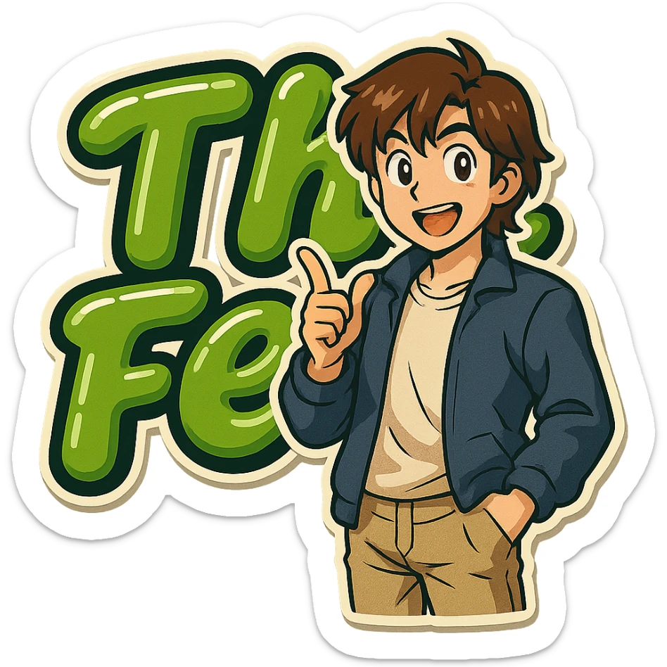 Add a brunette anime man standing in front of the green bubble letters that say 'The Fern' with a black outline. The man should have medium-length brown hair, stylish casual clothes, and an expressive anime face. Keep the rounded, glossy, energetic vibe. sticker