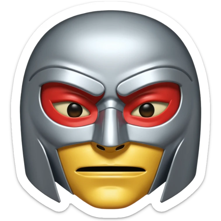 A chrome or steel mask that covers the entire face except the eyes and mouth, with a stern, mysterious expression. The design has sharp cheek ridges, a center forehead line, and vent-like slits near the mouth — giving it that mix of ancient warrior and supervillain tech. sticker