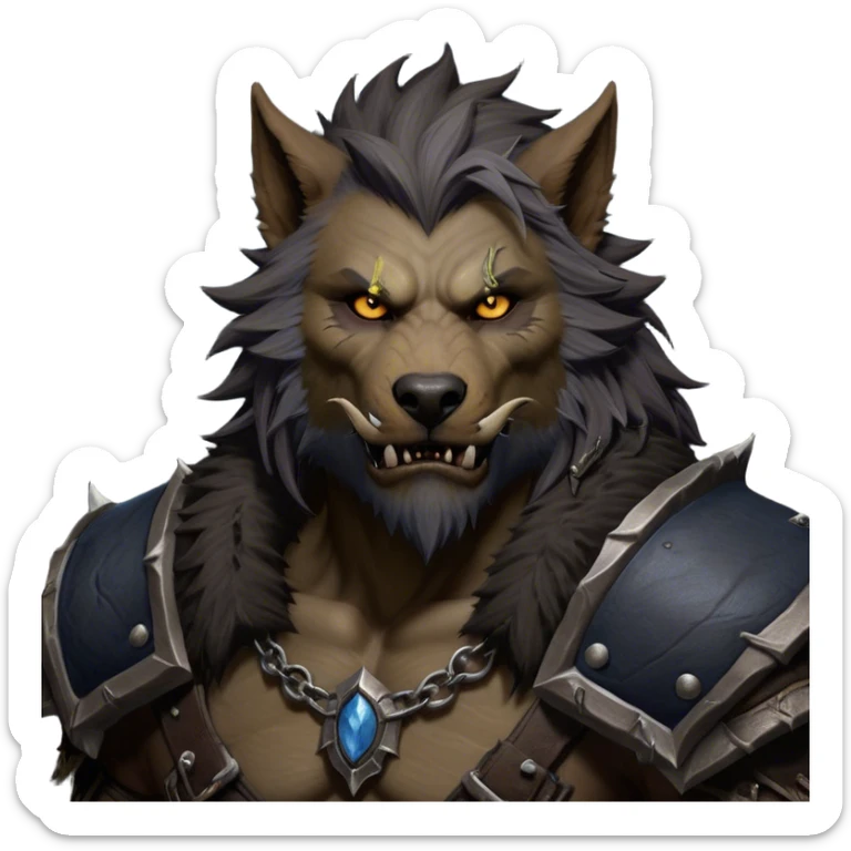 Cinematic Realistic WoW Worgen Portrait, depicted as a fearsome blend of man and beast, with rugged, dark fur intermingling with tanned, weathered skin. His piercing amber eyes and fierce expression are framed by disheveled hair and subtly detailed, worn leather attire in dark, consistent hues. Rendered with lifelike texture and dramatic, natural lighting, high shine, noble and formidable, capturing the primal nobility of a legendary worgen warrior. sticker