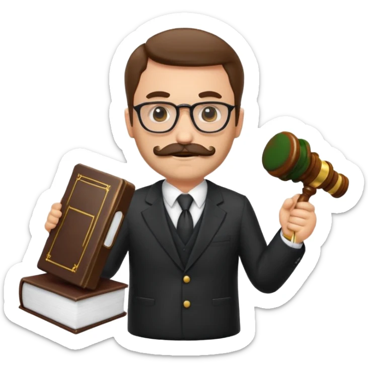 “Create a clean, modern emoji-style illustration of a male lawyer. He is wearing a formal suit jacket. He is holding a judge’s gavel (QUE SE VE DE COSTADO) in one hand and has a law book tucked under his arm. He has a mustache and beard (BARBA)!, and GLASSES sticker