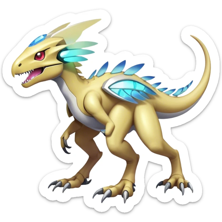 Shiny Futuristic Ethereal Fakemon-Pokemon-Digimon-Spectrobes-Raptor-fusion, full body, four legs sticker