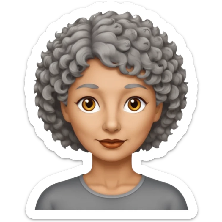woman 50 years old, tanned skin, short grey curly-wavy wolf cut hair, brown eyes sticker