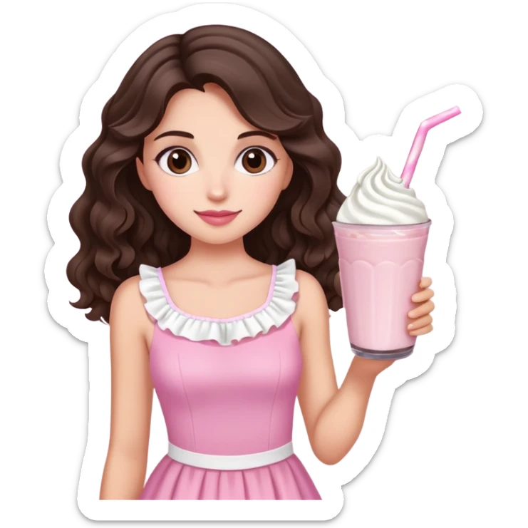 Wavy brunette hair and brown eyes pink dress and holding oreo milkshake in her hands and it's a girl sticker