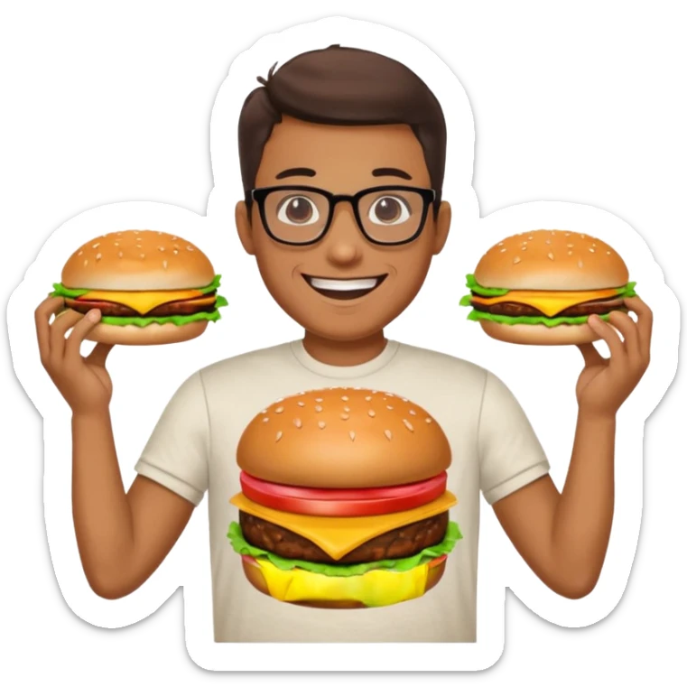 Man with Glasses & Burger – smiling guy in T-shirt, holding big burger with both hands.




































 sticker
