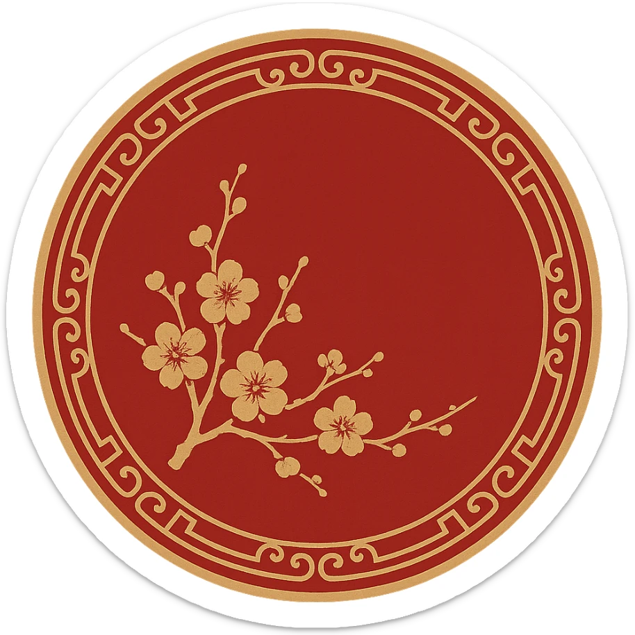 eastern style plaque for post signature, only red and sand colors, with round shape, sakura branch and subtle gold ornament, no text, 512x256px sticker
