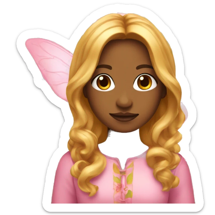 Fairy woman emoji with long wavy copper hair and blonde highlights, also with curtain bangs, brown/honey eyes, with a pink outfit inspired in flower leaves sticker