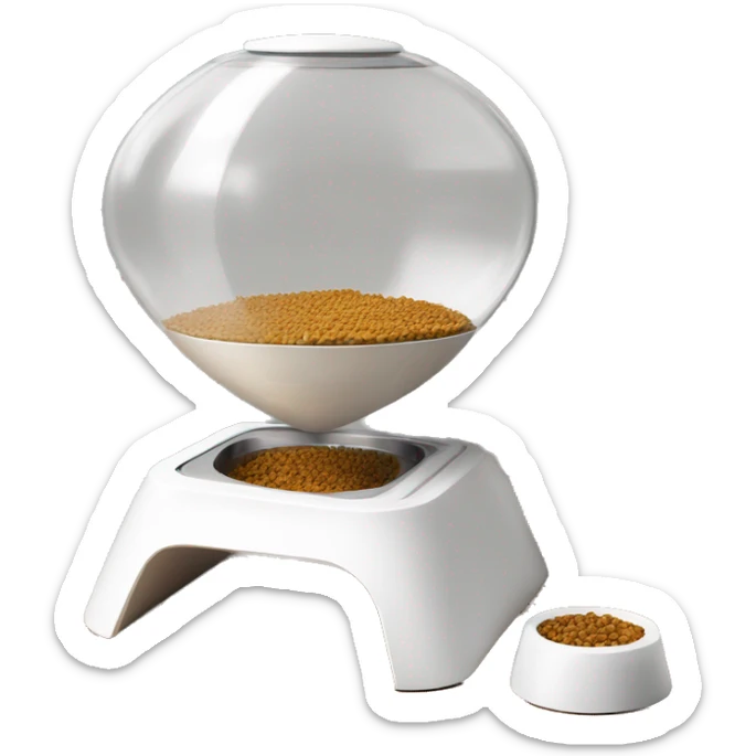 A modern, white manual pet feeder with wooden legs, a metal bowl at the bottom, a transparent front window, and a top lever for dispensing food. sticker
