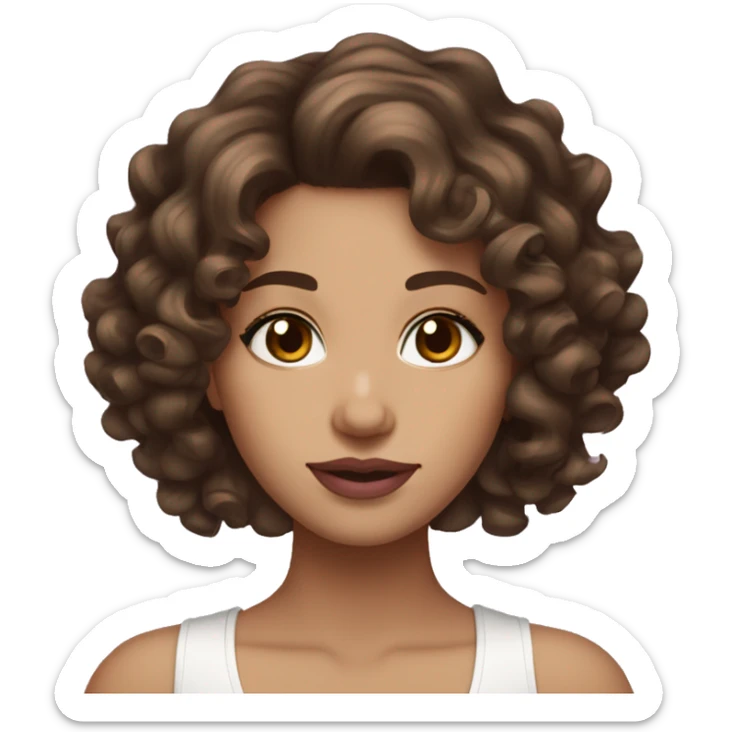 brunette short heatless curls hair girl brown eyes and white skin pink lips sticker