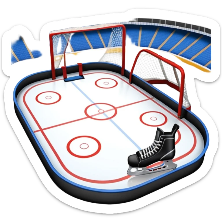 An icon showing a hockey stick, puck, skates, and goalposts on the ice. The background features a large hockey stadium with cheering fans, bright lights, and a snowy landscape visible through the arena. sticker