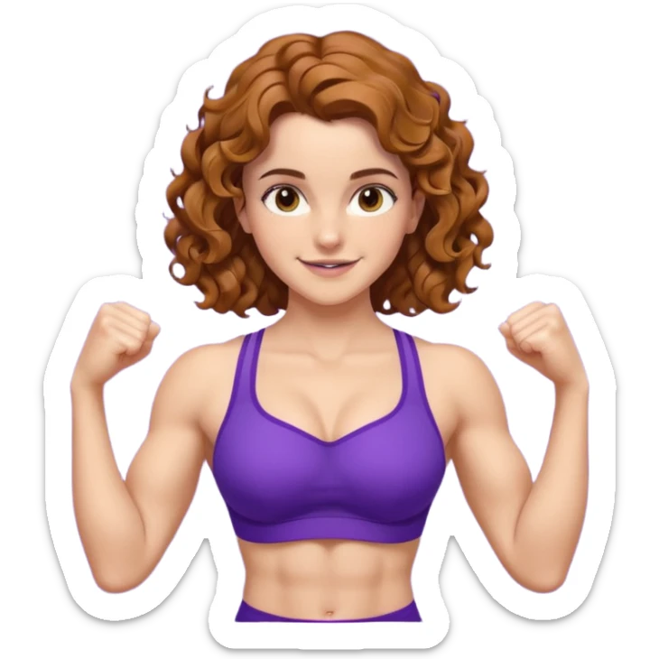 big biceps, muscled torso, very beautiful italian happy girl, looking like Emma Watson, with wavy curly bright hazelnut hair, dressed in violet bra sports outfit, very muscled sticker