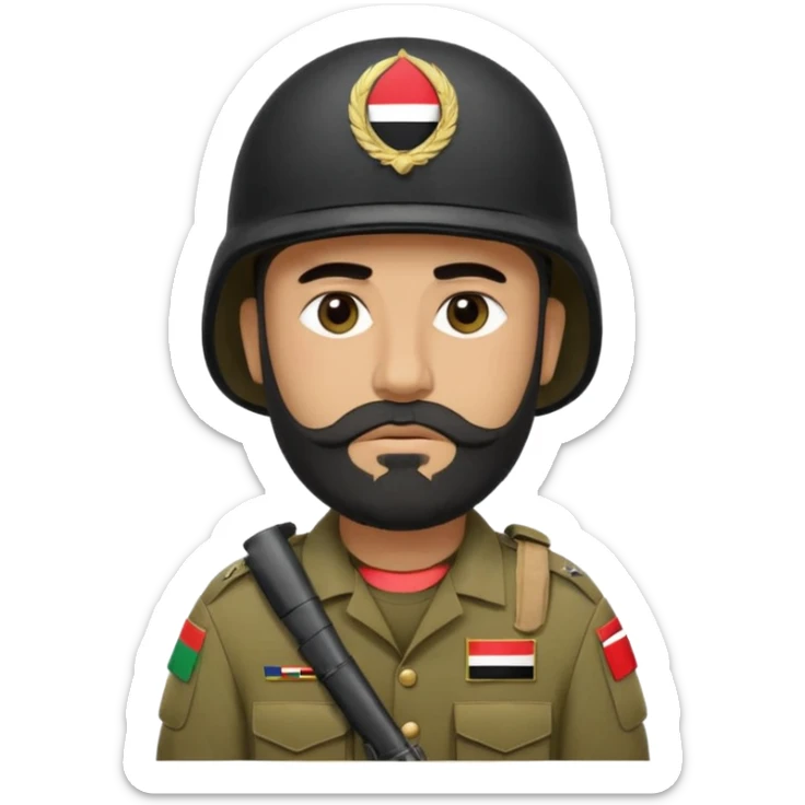 A very tired and sad, swarthy Iraqi soldier with a beard, an Iraqi flag on his helmet, a sad expression and bags under his eyes sticker
