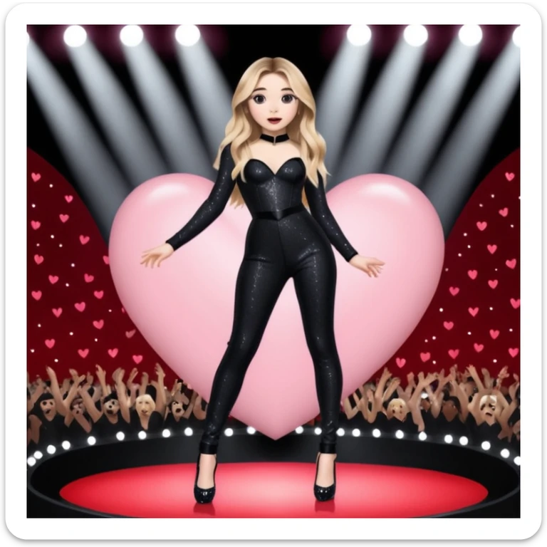 Sabrina carpenter singing at concert wearing a black sparkle jumpsuit and black hyper sparkle heels. There is a huge crowd and light pink stage setting. She is standing in the center stage part that is in the shape of a red heart and it extends from the main stage  sticker