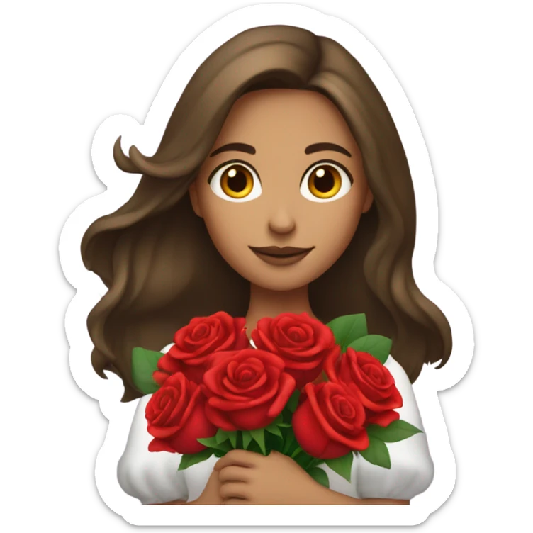 girl with beautiful long hair brunette in her hands a huge bouquet of red roses sticker