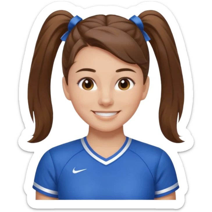 brown hair blue cheerleading shirt no bangs with a high pony smiling sticker