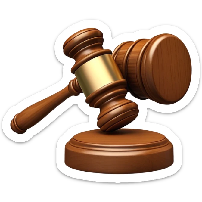 An emoji representing justice and penalty. A wooden judge's gavel striking a sound block, symbolizing a legal decision or punishment. The design is simple, 3D, and slightly glossy, resembling official court decisions sticker