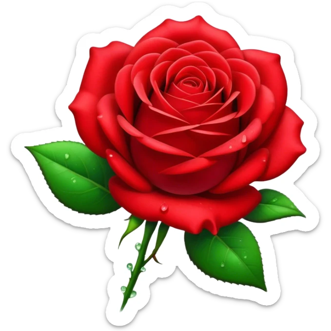 Cinematic Realistic Rose Emoji, Elegant and full of grace, with velvety, deep red petals unfurling in a perfect bloom, dew drops glistening on the soft edges, and a faint fragrance hanging in the air. The lush green leaves surround the stem, creating a vibrant contrast to the rich color of the petals. Soft glowing outline, capturing the essence of timeless beauty and romance in a single bloom. sticker