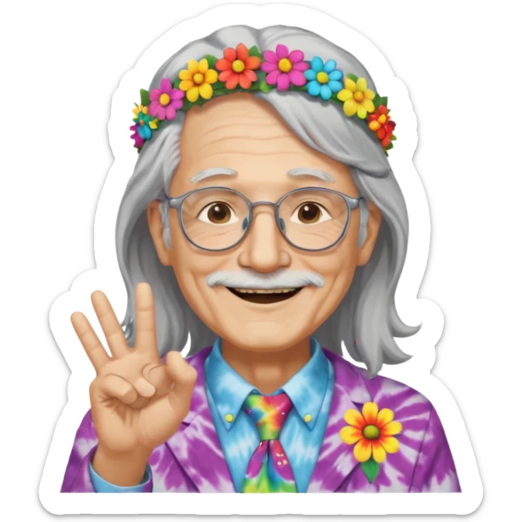 elderly man with long grey hair, glasses, peace sign necklace, tie-dye clothing, flower crown sticker