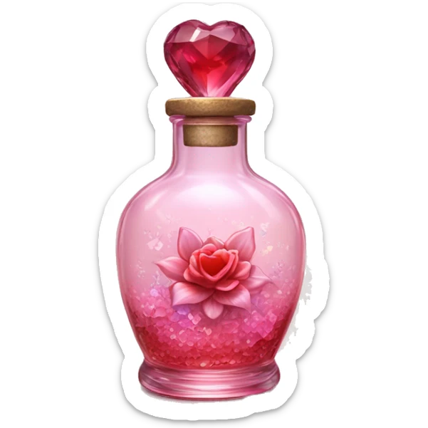 Antique oil heart bottle made of crystal glass of all gentle colors of the red and pink, a living flower fairy sits at the bottom of the bottle sticker