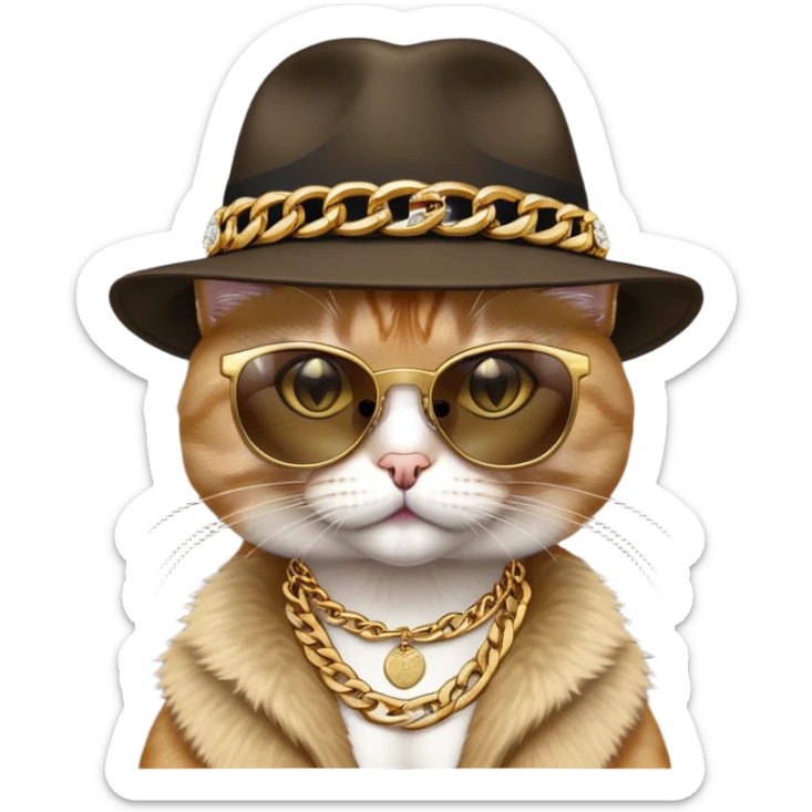 female cat head and shoulders wearing Run DMC hip-hop outfit, fedora, dark sunglasses, many gold chains, bling accessories sticker
