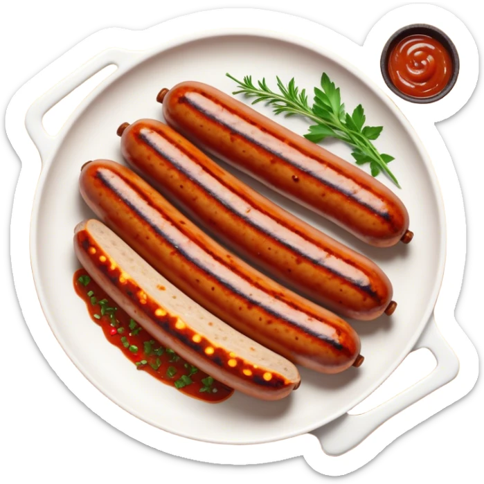 Cinematic spicy chipotle sausage, glistening with smoky, tangy sauce, charred and grilled to perfection, sliced open to reveal juicy filling, served with fresh herbs, rich and flavorful, detailed and appetizing. sticker
