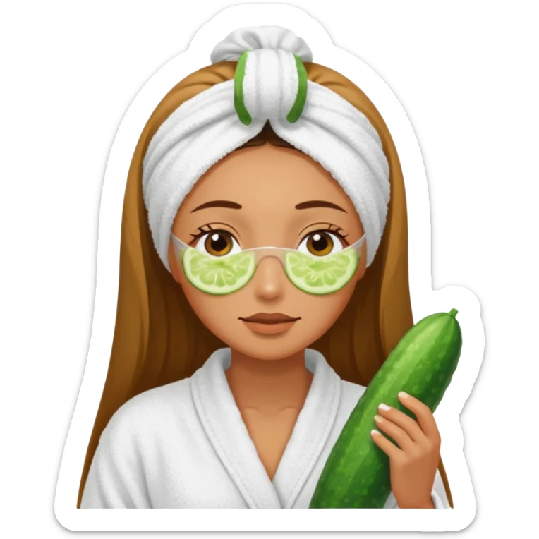 woman at the spa with cucumbers slices covering her eyes and tan skin tone with towel completely covering hair and robe on sticker