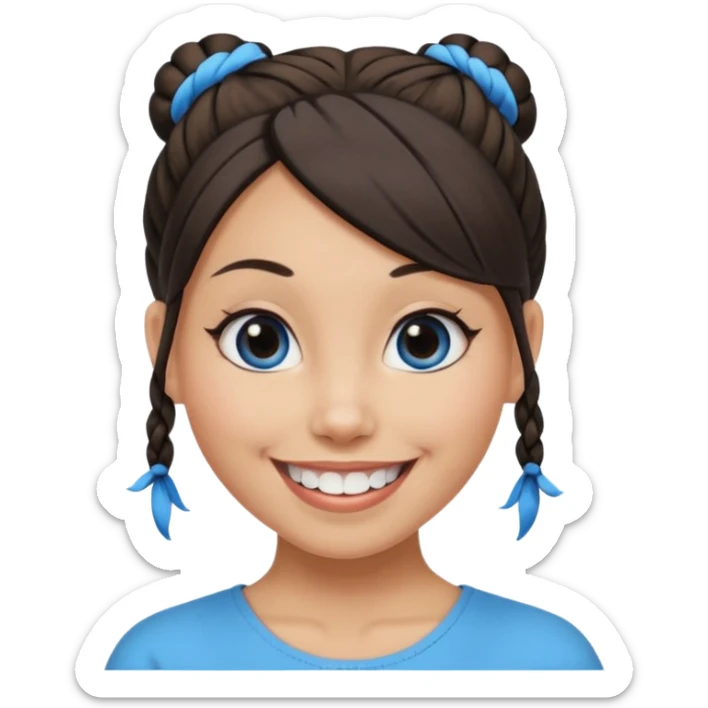 Now tied up her hair in a half-bun ,the on her head is black, while her bang is blue. Bigger eyes and brighter smile, show teeth while smiling sticker