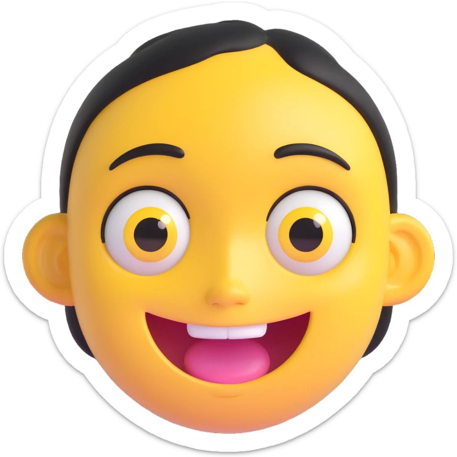 cute 3D cartoon emoji of a happy yellow face, big glossy eyes, open mouth smiling, shiny surface, isolated on transparent background sticker
