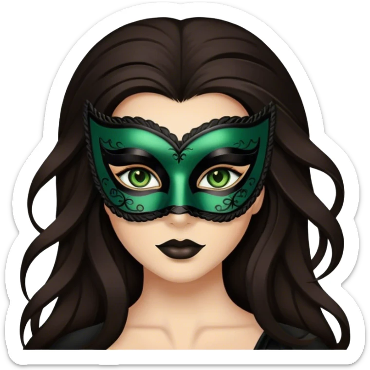 Greeneyed Woman hair with Long Dark brown hair wearing Black venetian mask sticker