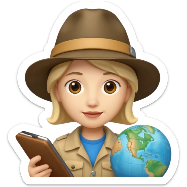 Apple Memoji-style 3D emoji of an explorer with a map and hat, soft shading, rounded shapes, no background.
 sticker