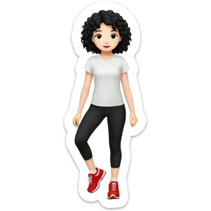 generate a pretty bratz fair skinned girl with curly black hair wearing a white tshirt trekking on a hill with red sneakers on and black leggings sticker