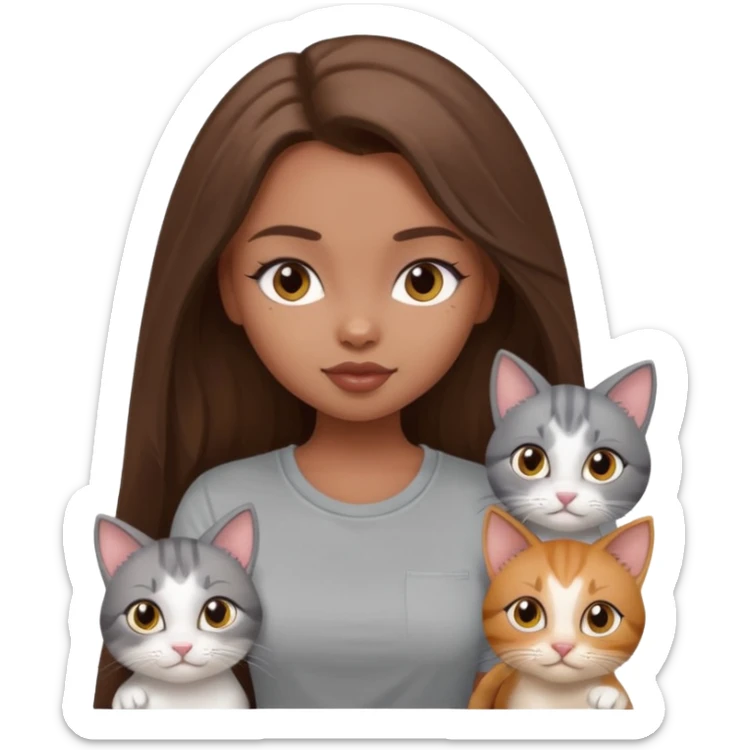 a pretty bratz dusky girl with long brown hair with four cats nd wearing a grey tshirt sticker
