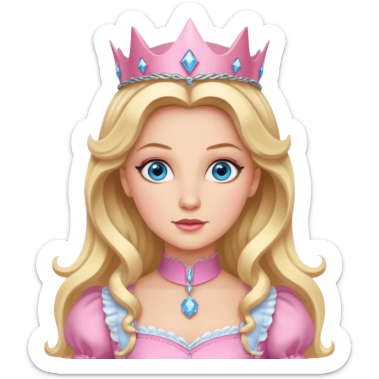 Glinda from the Wizard of Oz with blue eyes, blonde long hair, pink outfit sticker
