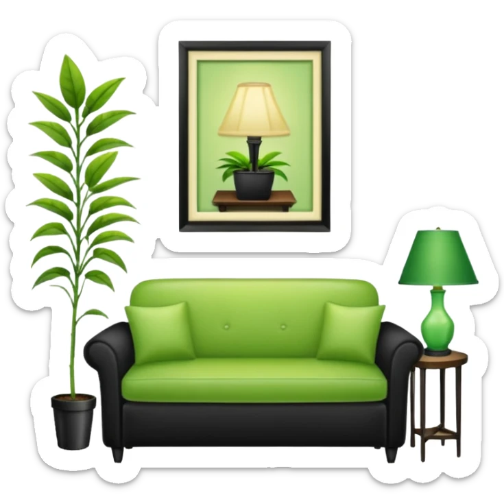 living room in ios emoji style

no TV, and make the couch a light green color

there is a lamp on one side and one plant on the other side sticker