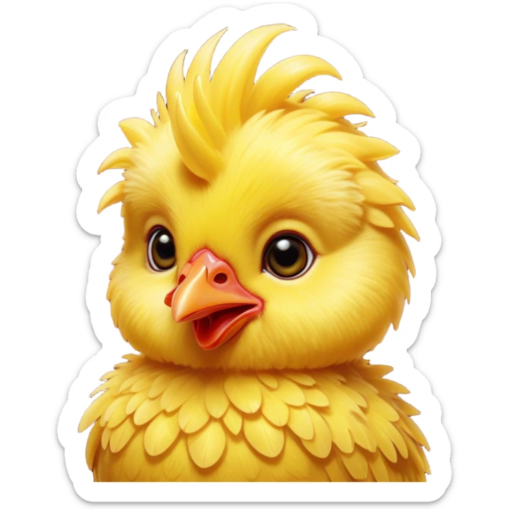 Cinematic Cute Yellow Baby Chicken Portrait Emoji, Head tilted playfully and inquisitively, featuring a fluffy, vibrant yellow downy coat with a tiny red comb, round, sparkling beady eyes filled with curiosity, Simplified yet irresistibly adorable features, highly detailed, glowing with a warm, friendly glow, high shine, affectionate and lively, stylized with a touch of playful whimsy, bright and endearing, soft glowing outline, capturing the essence of a mischievous yet loving chick, so playful it feels like it could peep out of the screen and into your arms! sticker