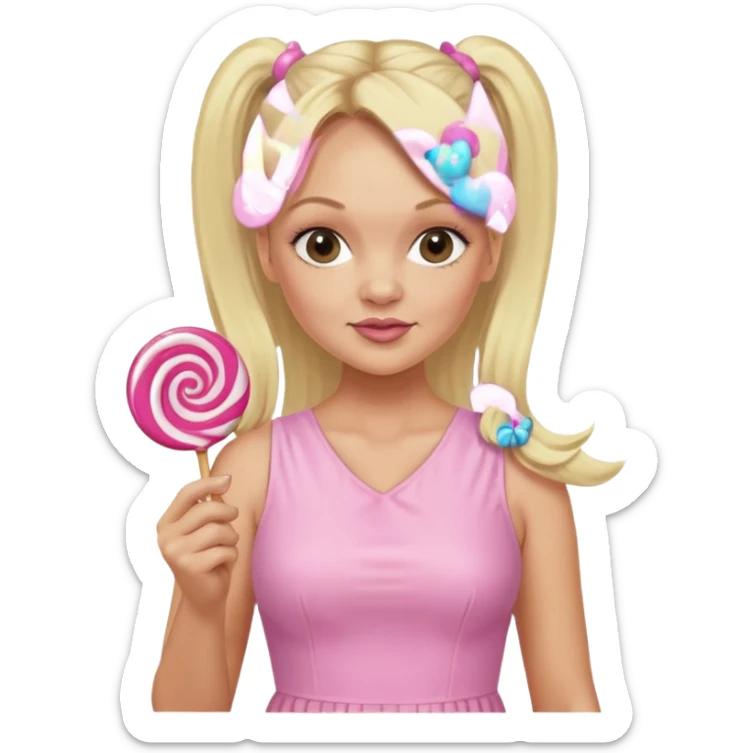 Emma Bunton with long blonde ponytails wearing light pink body dress holding a lollipop sticker