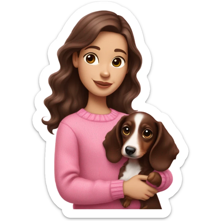 white girl with dark brown wavy hair in a pink sweater holds a dachshund chocolate and cream long haired puppy in her arms sticker