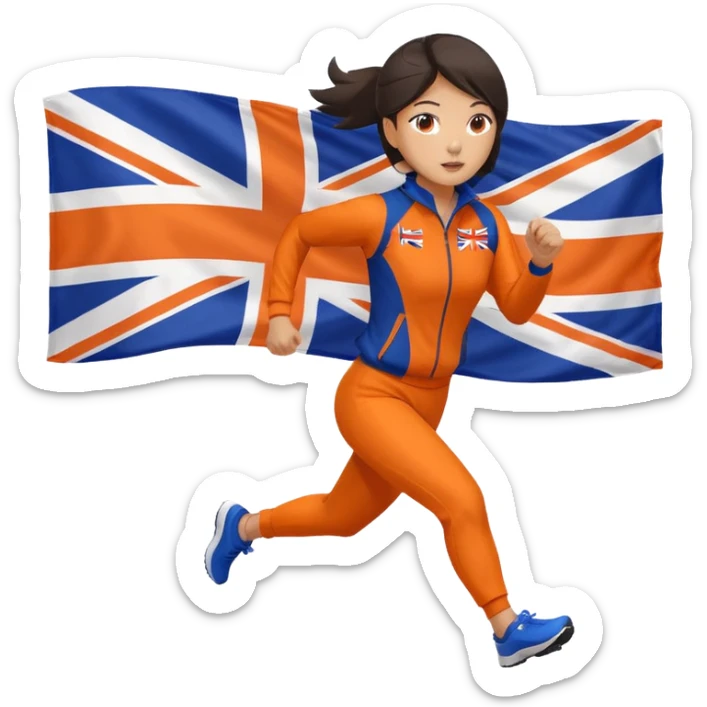 asian woman in orange sport suit and uk flag on the back holding it, running sticker