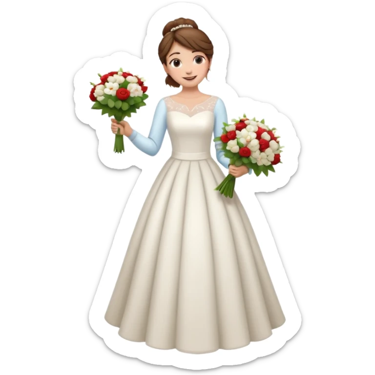 Chica blanca, cabello castaño, recogido en moño alto con mechones, vestido novia de manga larga, cuerpo entero, ramo de flores en una mano sticker