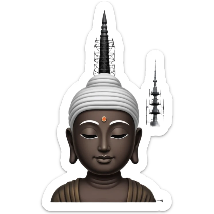 buddha silhouette from the neck up with radio tower on his head like a turban, broadcasting metaphysical thoughts with wifi signals emanating from the tip of the tower sticker