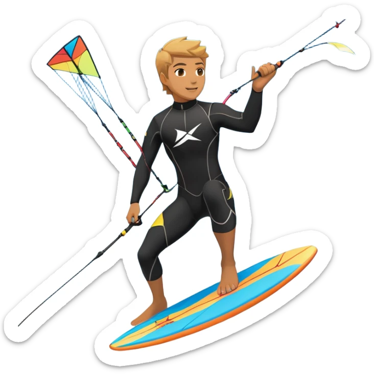 An athlete in a wetsuit riding a kiteboard, soaring over the sea waves with the kite high in the sky. The background features a vibrant blue sky and crashing ocean waves, capturing the thrill and freedom of kitesurfing in dynamic motion. sticker