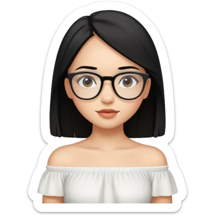 A light skinned girl with straight black hair on shoulder length wearing a white off shoulder and glasses sticker