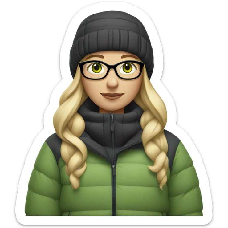 Green-eyed, fat female skier with long straight blonde hair, glasses, grey snow jacket, long black pants, black only snow boots standing tall. sticker