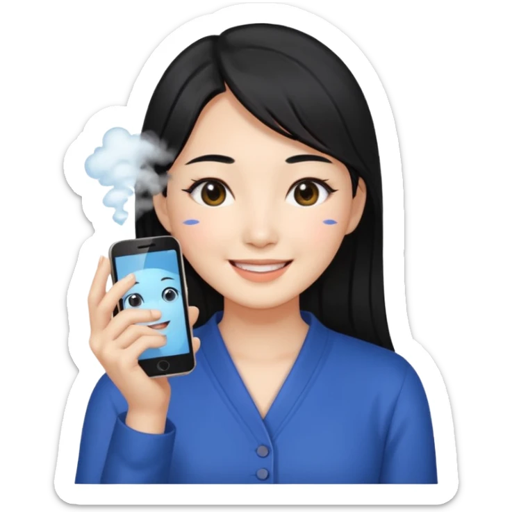 a korean cosmetics marketing expert women with black hair, holding face-mist and phone with smile on sticker