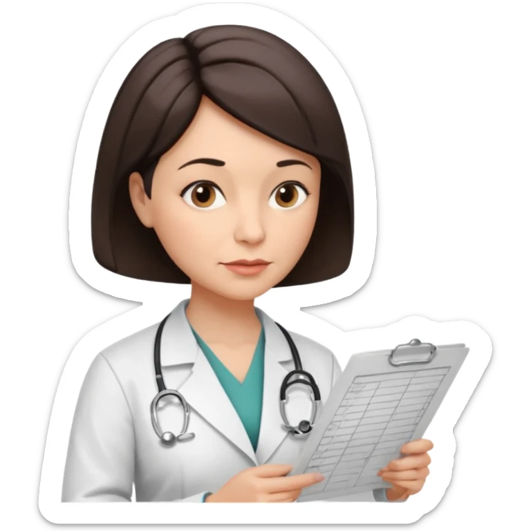 A female doctor in her 50s with visible facial wrinkles, dark brown short bob hair, her body turned slightly at an angle, with her gaze clearly directed downward and fixed on the medical chart she is reviewing. sticker
