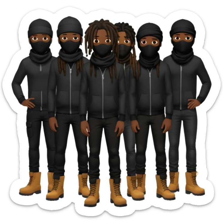 Group of African American men with dreadlocks wearing black ski masks covering their face wearing black skinny jeans and black timberland boots sticker