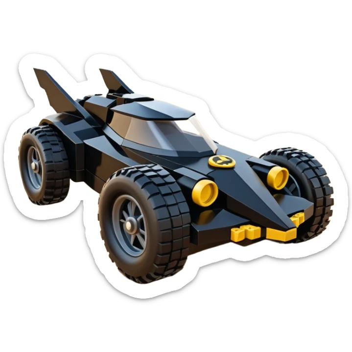  the animated series aerodynamic Lego futuristic Batmobile loosely based on 1936 school bus (flat long straight faceted mechanical body) stealthy town hot rod desert dirt racing rwd buggy  sticker