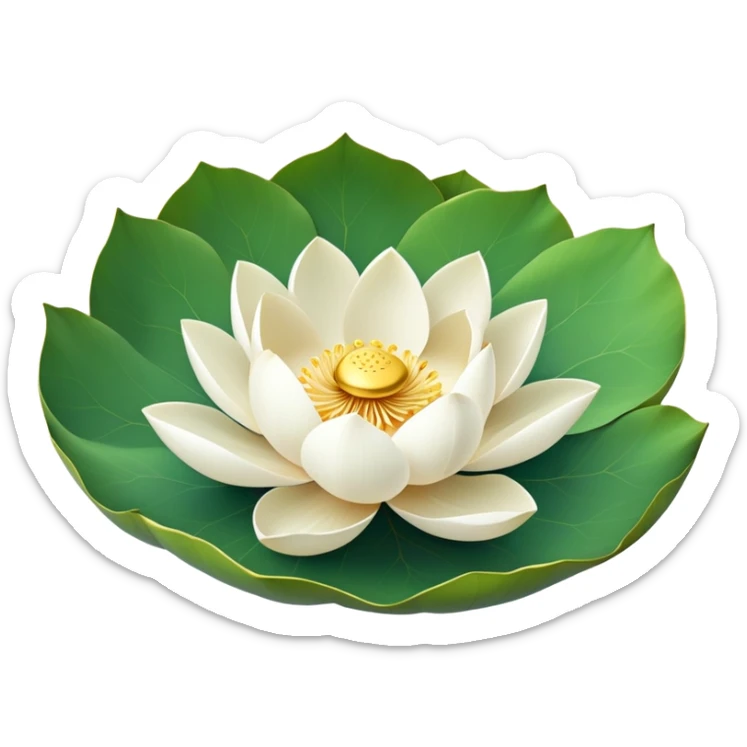 Pure white lotus flower with delicate pristine petals and golden center, accompanied by botanically accurate lotus leaf with distinctive notch and upturned edges sticker