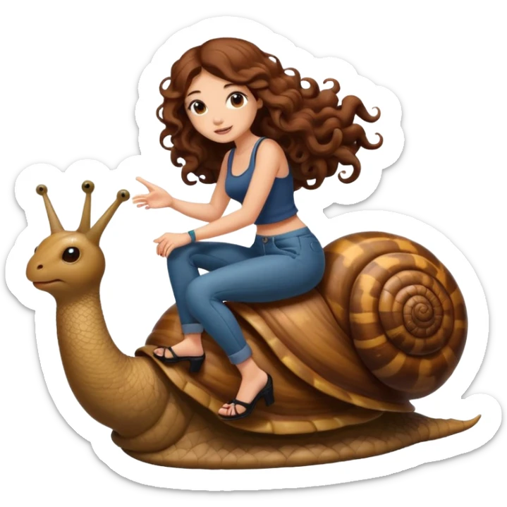 cute woman long curly brown hair tattoos riding giant snail sticker